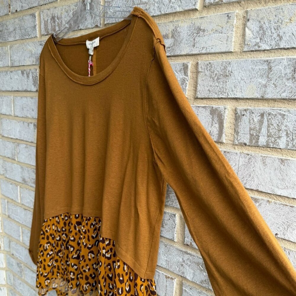 Unknown Brand Brown Long-Sleeve Top with Leopard Hem - Picture 6 of 7